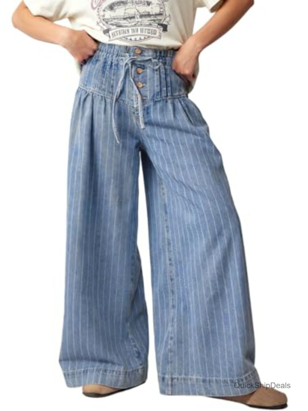 Wide Leg Baggy Denim Jeans Drawstring Ruffle Pleated Flare Pants